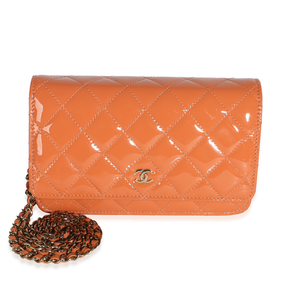 Chanel Dark Orange Quilted Patent Classic Wallet On Chain